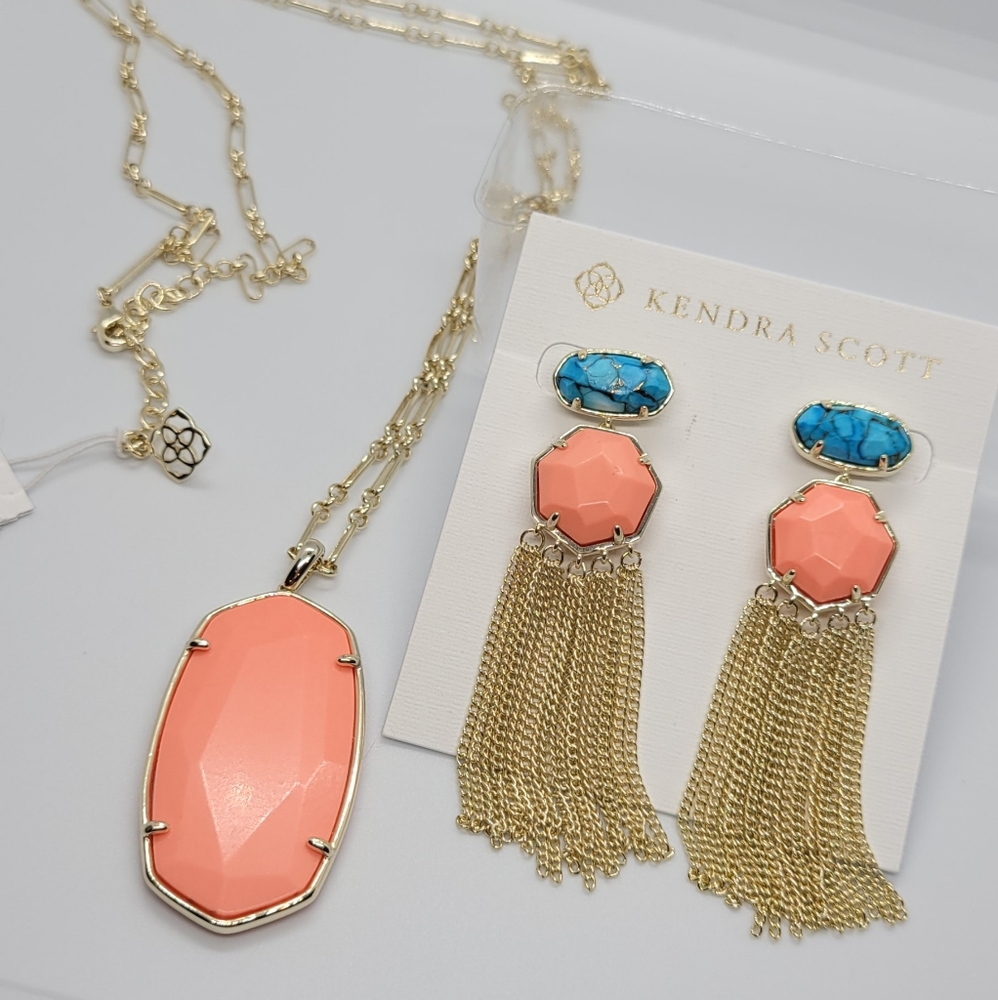 CUSTOM KENDRA SCOTT NECKLACE BRONZE VEINED TURQUOISE & NWT BRIGHT CORAL NECKLACE